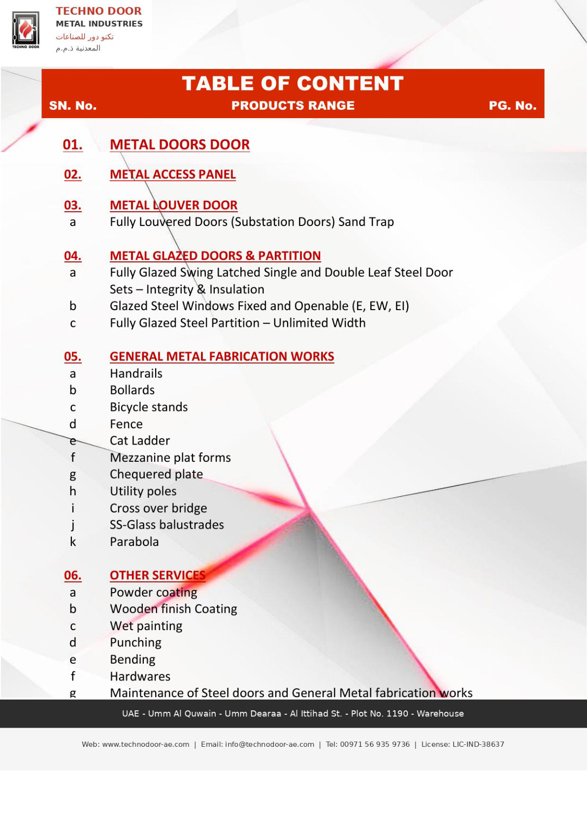 Product range table of contents